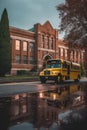 school bus parked near a school building