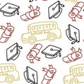 School bus pattern, graduate caps and diplomas in contour style. Texture with doodle elements on the theme of back to school and