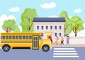 School bus with people, vector illustration, transport near education building, boy girl student charcater go home at Royalty Free Stock Photo