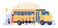 School bus. Pupils ride on yellow transport. Children back to learning, road to college or university. Girls boys go to