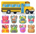 School Bus and Schoolbags with Stationery or Books Royalty Free Stock Photo