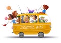 School bus with students isolated over white background. Back to school illustration in vector with kids, children in yellow bus Royalty Free Stock Photo