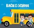 School bus and students vector design. Back to school text with elementary student characters