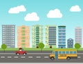 City set with school bus, road and buildings. City street panoramic. Vector flat style illustration Royalty Free Stock Photo