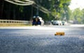 School bus toy model on road. Royalty Free Stock Photo