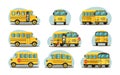 School bus in various forms. Passenger yellow car with joyful children vehicle for transporting elementary