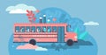 School bus vector illustration. Flat tiny pupil transport persons concept. Royalty Free Stock Photo