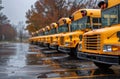 School buses parked in row in the rain Royalty Free Stock Photo