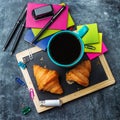 School business stationery croissants mug of coffee on grunge chalkboard Royalty Free Stock Photo