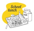 School cafeteria composition. Tray with food, banana and pack of milk. Hand drawn outline vector