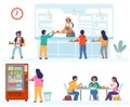 School canteen, cafeteria, cafe scene set, flat vector isolated illustration. Happy children having lunch. Royalty Free Stock Photo