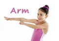 School card of girl pointing at her arm and elbow on white background