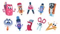 School cartoon characters. Student stationery mascots with smile faces, flat cut collection of funny educational Royalty Free Stock Photo