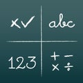 School chalk symbols icon set. Numbers, letters and mathematical symbols. Green blackboard. Vector illustration, flat design