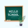 School chalkboard and chalk in classroom with plant. Flat style