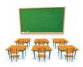 School chalkboard and desks. Empty blackboard, classroom wooden desk and chair isolated cartoon vector illustration