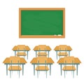 School chalkboard and desks. Empty blackboard, elementary classroom wooden desk table and chair education board furniture colorful Royalty Free Stock Photo