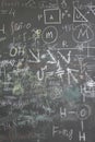 School chalkboard with many formuls, signs