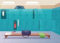 School changing room. College gym sport lockers changing room interior classroom with equipment and corridor vector