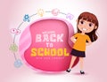 School character vector concept design. Back to school text in pink abstract with happy and friendly female kid student. Royalty Free Stock Photo