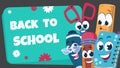 School characters background. Educational poster with happy school stationery for kids. Vector funny banner with book