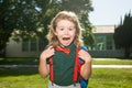 School child concept. Amazed pupil, kid in school uniform with backpack outdoor. Portrait of excited nerd schoolboy.