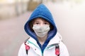 School child in face mask. Coronavirus quarantine