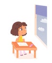 School child looking out window, bored girl pupil of elementary school sitting at table