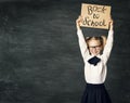 School Child over Blackboard Background, Girl Advertise Board