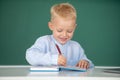 School child student learning in class, study english language at school. Pupil near chalkboard during lesson at primary Royalty Free Stock Photo