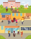 School children bullying vector illustration set, cartoon angry teenagers mocking sad unhappy girl or boy, old man