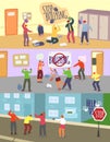 School children bullying vector illustrations, cartoon angry boy girl teenager mocking unhappy schoolmate, stop bully