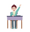 School children in the classroom on lessons. Back to school. Cute schoolchilds in lesson sits at desk pulls his hand to answer Royalty Free Stock Photo