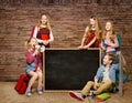 School Children Group, Kids Students around Blackboard, Boy Girl Royalty Free Stock Photo