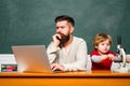 School children. Happy family. Back to school. Concept of education and teaching. Young or adult. Teacher and schoolboy Royalty Free Stock Photo