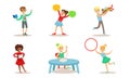 School Children Hobbies Set, Teenagers Boys and Girls Making Application, Doing Gymnastics, Dancing, Playing Music