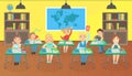 School Children Learning at Classroom, Little Students Sitting at Desks at School Lesson Vector Illustration Royalty Free Stock Photo