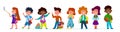 School children. Multiethnic boys and girls in casual clothes. Kids with backpacks and books in school time, vector Royalty Free Stock Photo