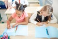 School children are participating actively in class. Education, homework concept Royalty Free Stock Photo