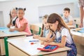School children are participating actively in class. Education, homework concept Royalty Free Stock Photo
