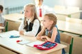 School children participating actively in class. Education, learning, high school Royalty Free Stock Photo