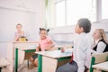 School children participating actively in class. Education, learning, high school