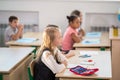 School children participating actively in class. Education, learning, high school Royalty Free Stock Photo