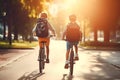 School children ride bicycles along the road in a city park. Children with backpacks on bicycles going to school. Generative AI Royalty Free Stock Photo