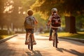 School children ride bicycles along the road in a city park. Children with backpacks on bicycles going to school. Generative AI Royalty Free Stock Photo
