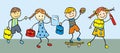 School children with satchel, skateboard, workbook, food and crayon, vector illustration