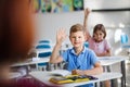 School children sitting at the desk in classroom on the lesson, raising hands. Royalty Free Stock Photo