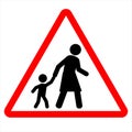 School children traffic sign. Red triangle warning road sign with two school children crossing inside. School zone symbol. Beware Royalty Free Stock Photo