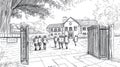 School Children Walking Through Gates to Building in Sketch Style Royalty Free Stock Photo