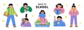 School children's characters collection with different interests. Science, art, reading, exploration, study. Royalty Free Stock Photo